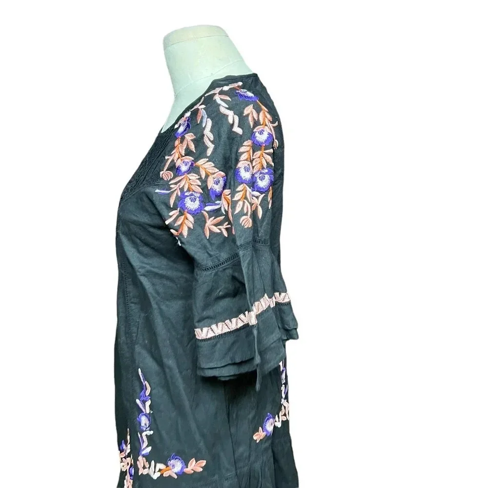 Free People Pavlo Embroidered Smock‎ Dress Black Purple Floral Size XS